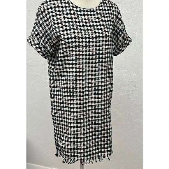 ZARA Trafaluc Collection Houndstooth Mini Dress Fringe Hem - Picture 4 of 10